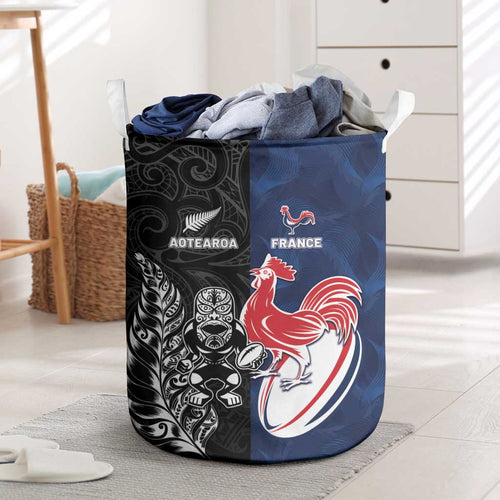 France And New Zealand Rugby Laundry Basket Les Bleus Rooster With Maori Tiki - Aussie Hoodie