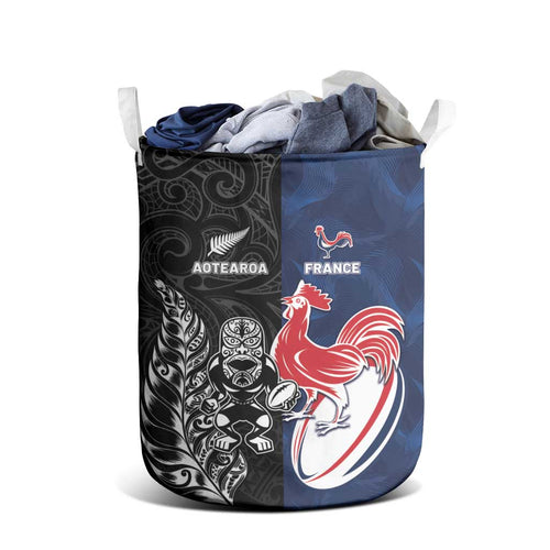 France And New Zealand Rugby Laundry Basket Les Bleus Rooster With Maori Tiki - Aussie Hoodie