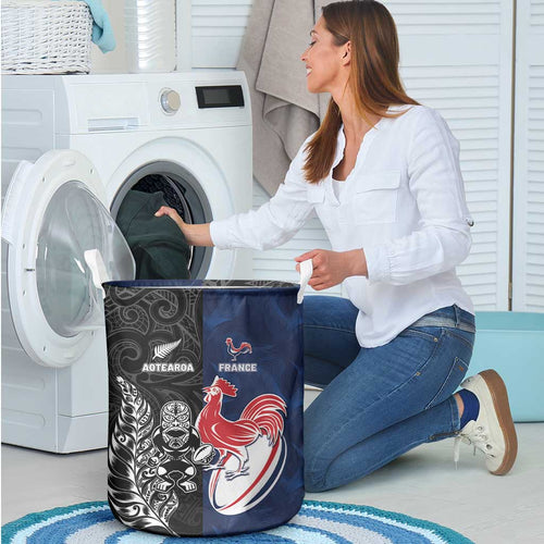 France And New Zealand Rugby Laundry Basket Les Bleus Rooster With Maori Tiki - Aussie Hoodie