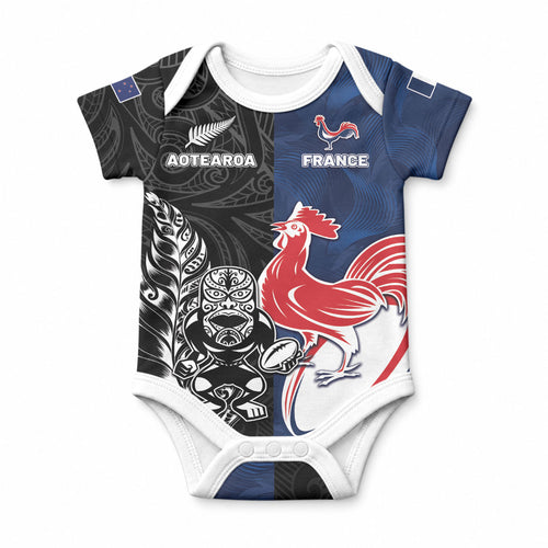 France And New Zealand Rugby Custom Baby Onesie Les Bleus Rooster With Maori Tiki