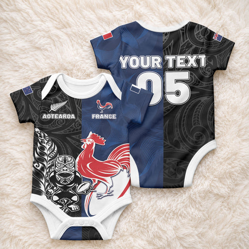 France And New Zealand Rugby Custom Baby Onesie Les Bleus Rooster With Maori Tiki