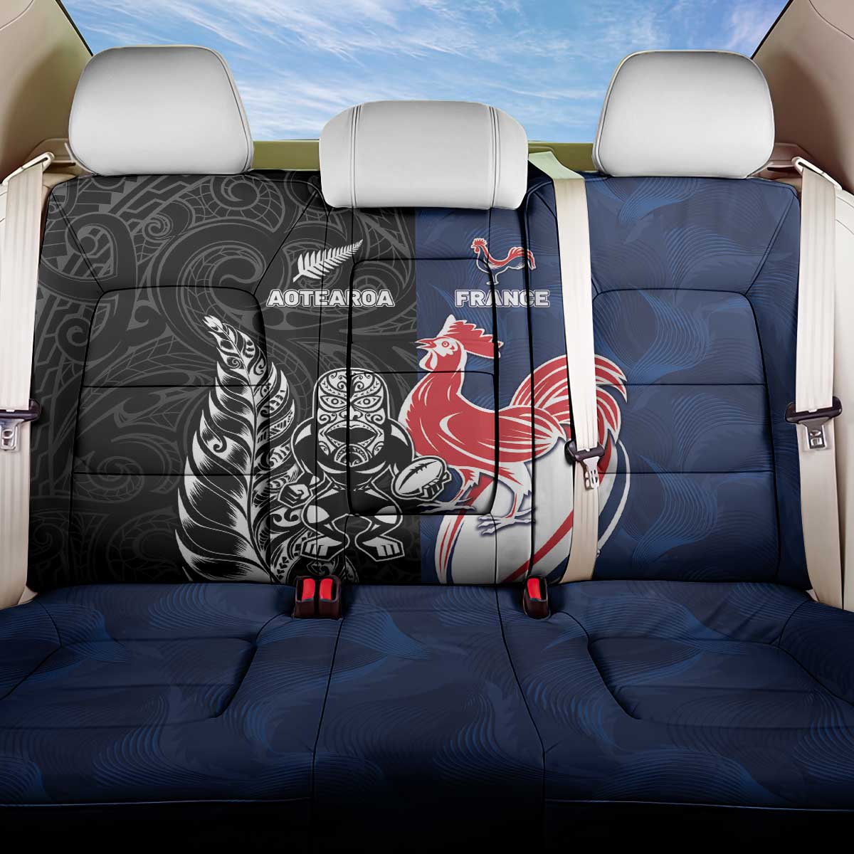 France And New Zealand Rugby Back Car Seat Cover Les Bleus Rooster With Maori Tiki - Aussie Hoodie