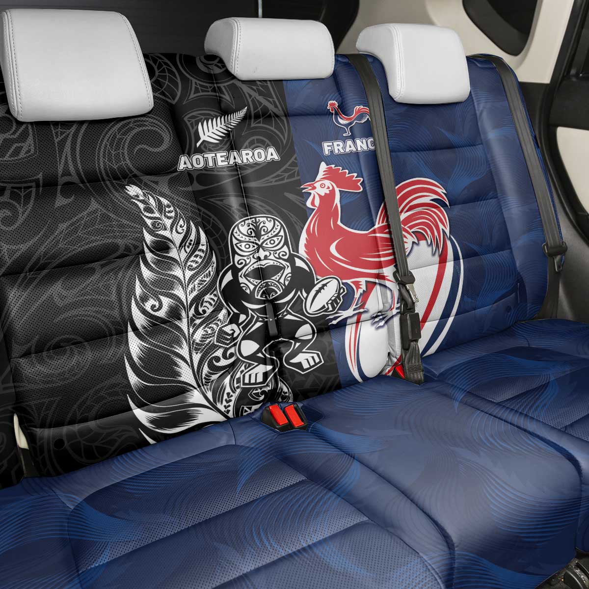 France And New Zealand Rugby Back Car Seat Cover Les Bleus Rooster With Maori Tiki - Aussie Hoodie