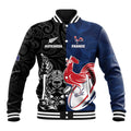 France And New Zealand Rugby Custom Baseball Jacket Les Bleus Rooster With Maori Tiki - Aussie Hoodie