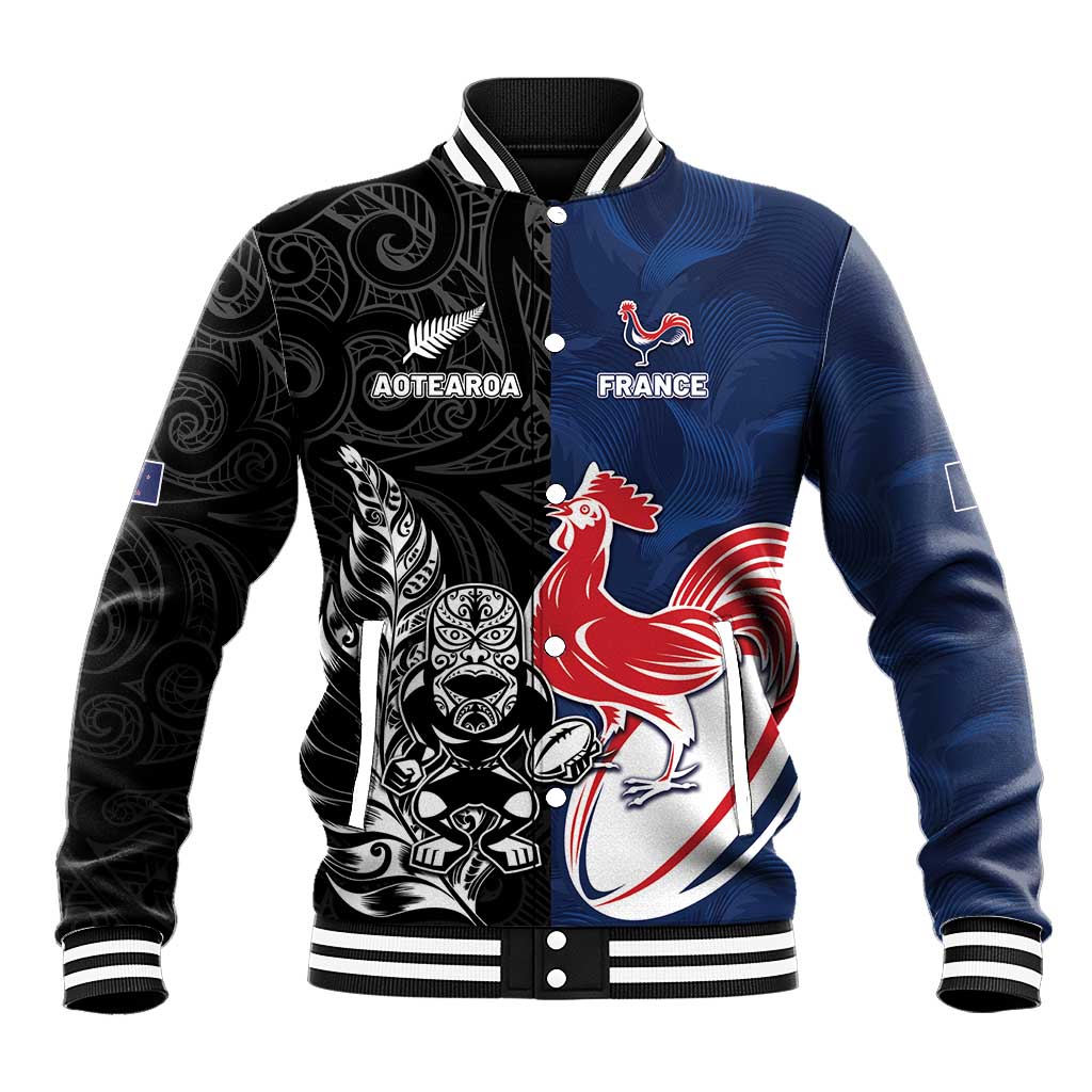 France And New Zealand Rugby Custom Baseball Jacket Les Bleus Rooster With Maori Tiki - Aussie Hoodie