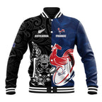 France And New Zealand Rugby Custom Baseball Jacket Les Bleus Rooster With Maori Tiki - Aussie Hoodie