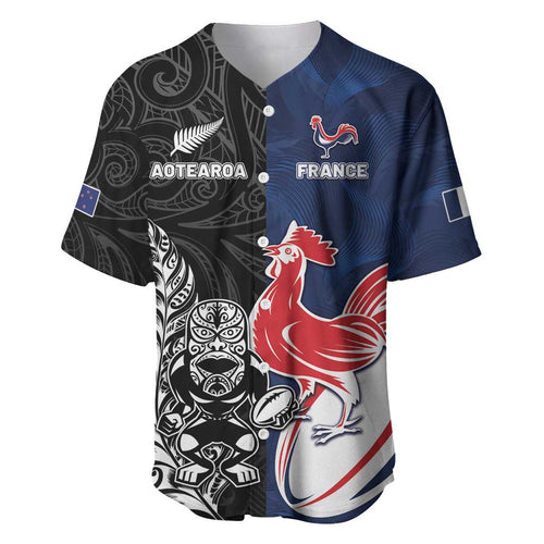 France And New Zealand Rugby Custom Baseball Jersey Les Bleus Rooster With Maori Tiki - Aussie Hoodie