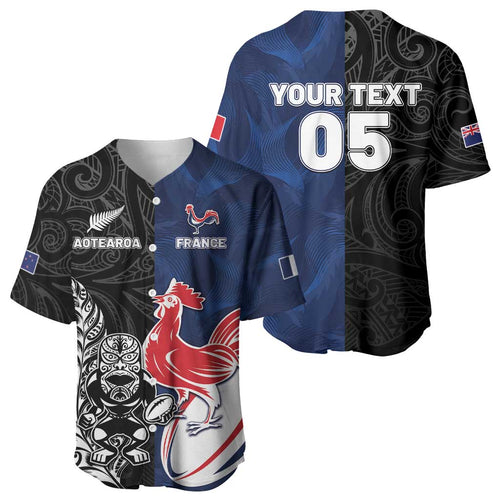 France And New Zealand Rugby Custom Baseball Jersey Les Bleus Rooster With Maori Tiki - Aussie Hoodie