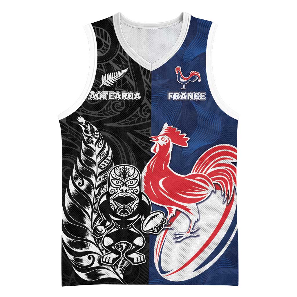 France And New Zealand Rugby Custom Basketball Jersey Les Bleus Rooster With Maori Tiki - Aussie Hoodie