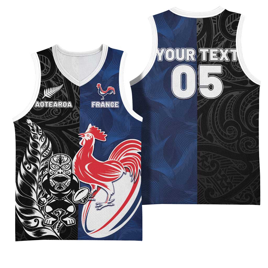 France And New Zealand Rugby Custom Basketball Jersey Les Bleus Rooster With Maori Tiki - Aussie Hoodie
