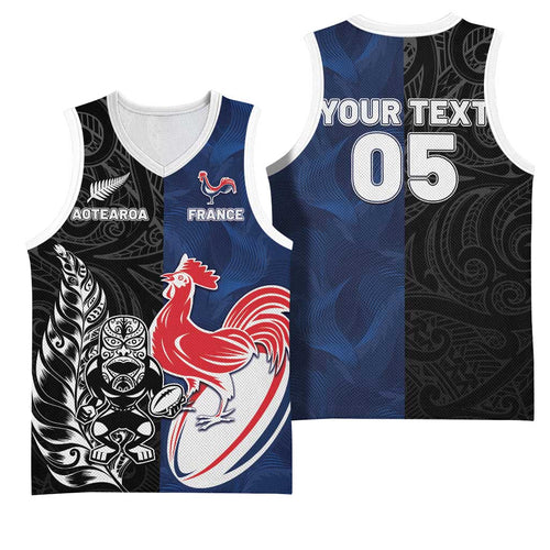 France And New Zealand Rugby Custom Basketball Jersey Les Bleus Rooster With Maori Tiki - Aussie Hoodie