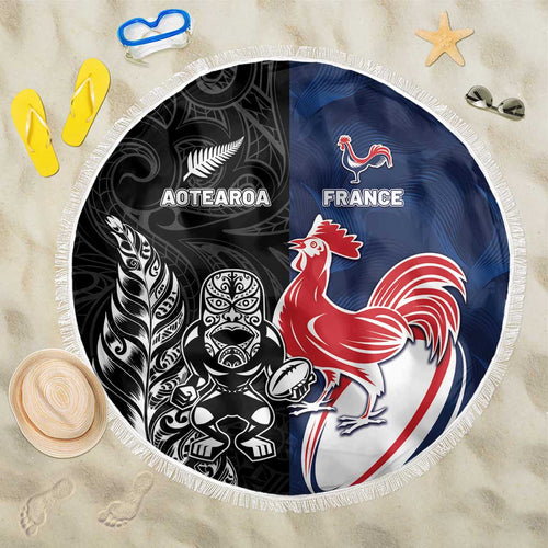 France And New Zealand Rugby Beach Blanket Les Bleus Rooster With Maori Tiki - Aussie Hoodie