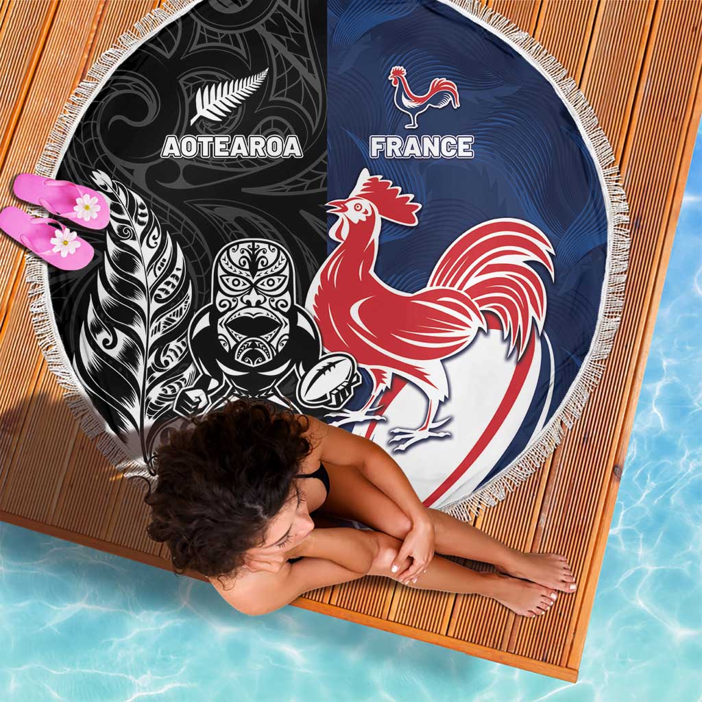 France And New Zealand Rugby Beach Blanket Les Bleus Rooster With Maori Tiki - Aussie Hoodie