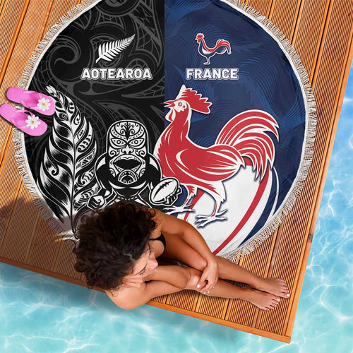 France And New Zealand Rugby Beach Blanket Les Bleus Rooster With Maori Tiki - Aussie Hoodie