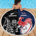 France And New Zealand Rugby Beach Blanket Les Bleus Rooster With Maori Tiki - Aussie Hoodie