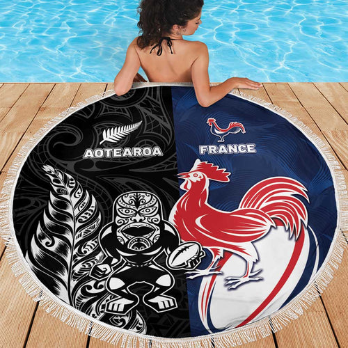 France And New Zealand Rugby Beach Blanket Les Bleus Rooster With Maori Tiki - Aussie Hoodie