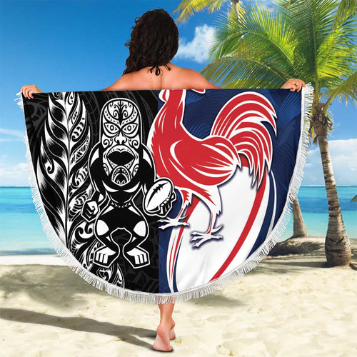 France And New Zealand Rugby Beach Blanket Les Bleus Rooster With Maori Tiki - Aussie Hoodie