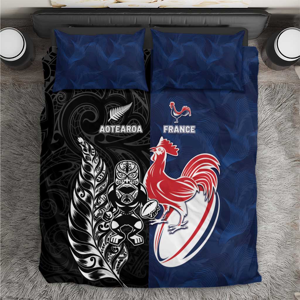 France And New Zealand Rugby Bedding Set Les Bleus Rooster With Maori Tiki - Aussie Hoodie
