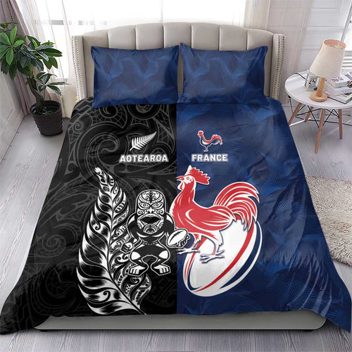 France And New Zealand Rugby Bedding Set Les Bleus Rooster With Maori Tiki - Aussie Hoodie