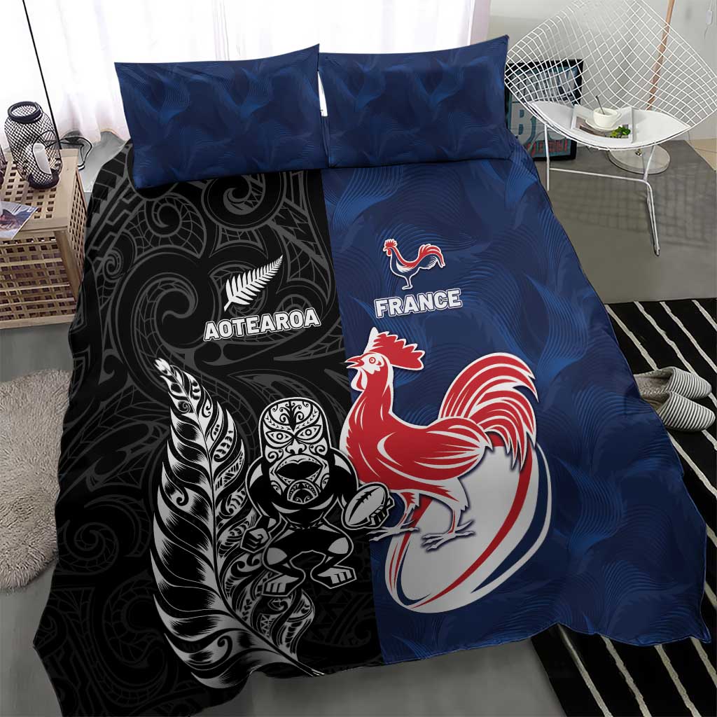 France And New Zealand Rugby Bedding Set Les Bleus Rooster With Maori Tiki - Aussie Hoodie
