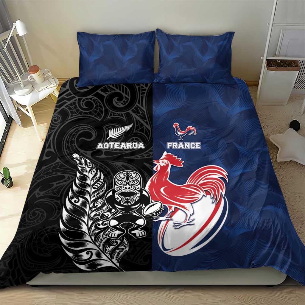 France And New Zealand Rugby Bedding Set Les Bleus Rooster With Maori Tiki - Aussie Hoodie
