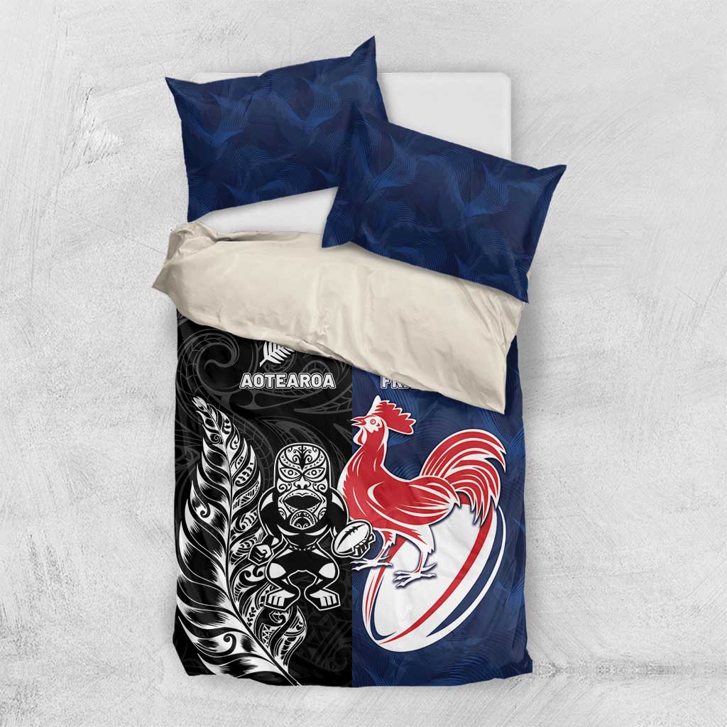 France And New Zealand Rugby Bedding Set Les Bleus Rooster With Maori Tiki - Aussie Hoodie
