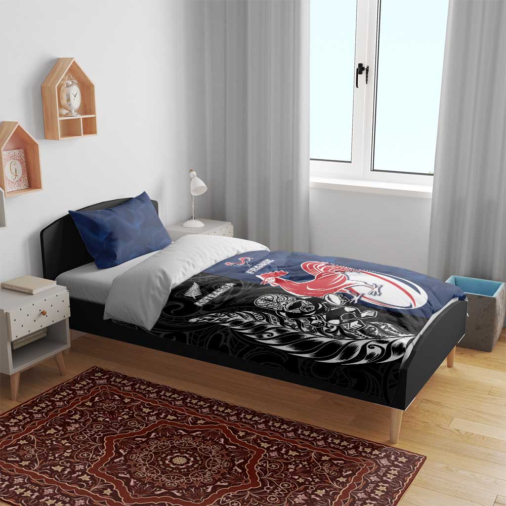 France And New Zealand Rugby Bedding Set Les Bleus Rooster With Maori Tiki - Aussie Hoodie