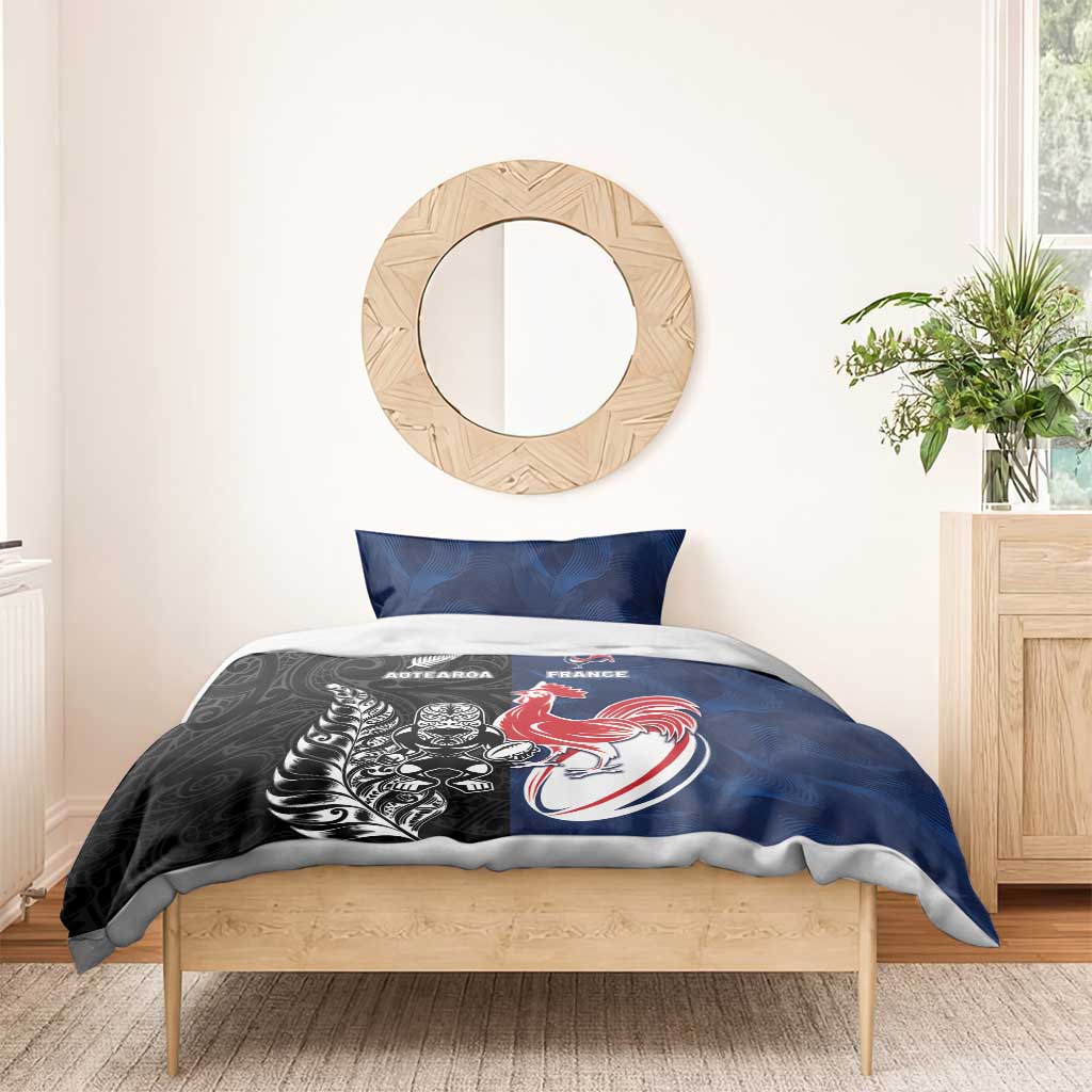 France And New Zealand Rugby Bedding Set Les Bleus Rooster With Maori Tiki - Aussie Hoodie