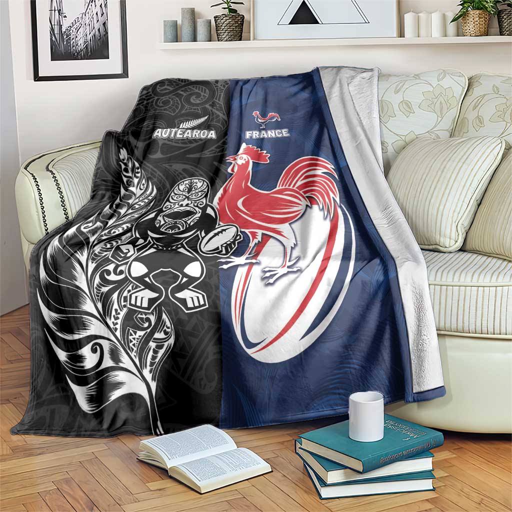 France And New Zealand Rugby Blanket Les Bleus Rooster With Maori Tiki - Aussie Hoodie