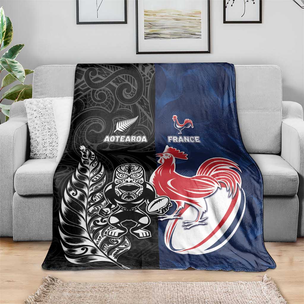 France And New Zealand Rugby Blanket Les Bleus Rooster With Maori Tiki - Aussie Hoodie