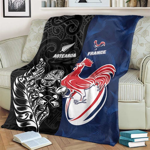 France And New Zealand Rugby Blanket Les Bleus Rooster With Maori Tiki - Aussie Hoodie