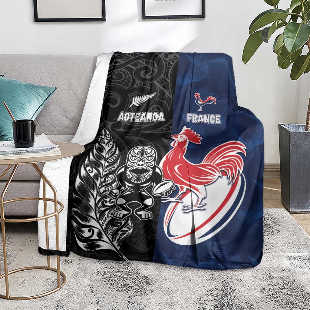 France And New Zealand Rugby Blanket Les Bleus Rooster With Maori Tiki - Aussie Hoodie