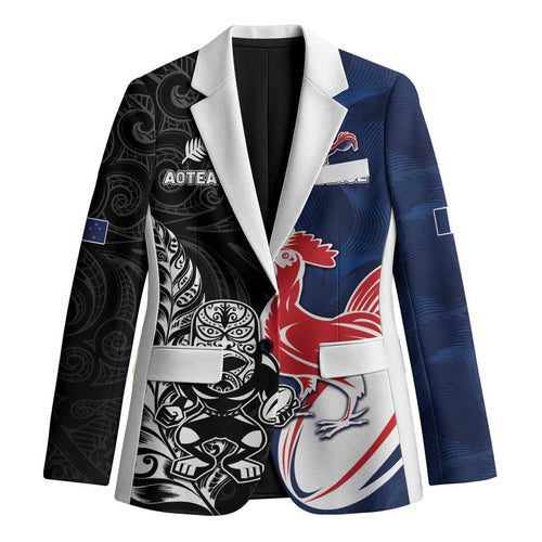 France And New Zealand Rugby Custom Blazer Les Bleus Rooster With Maori Tiki - Aussie Hoodie