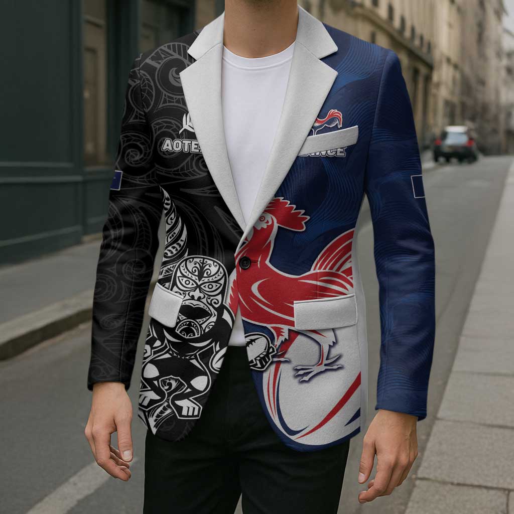France And New Zealand Rugby Custom Blazer Les Bleus Rooster With Maori Tiki - Aussie Hoodie