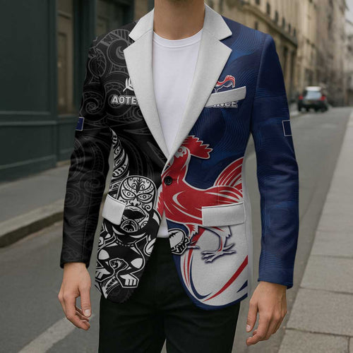 France And New Zealand Rugby Custom Blazer Les Bleus Rooster With Maori Tiki - Aussie Hoodie