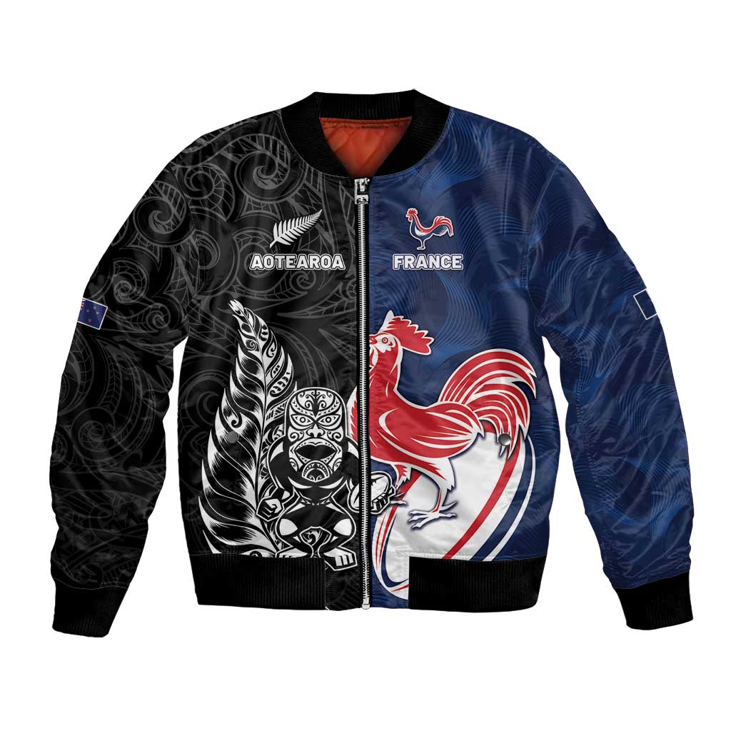 France And New Zealand Rugby Custom Bomber Jacket Les Bleus Rooster With Maori Tiki - Aussie Hoodie