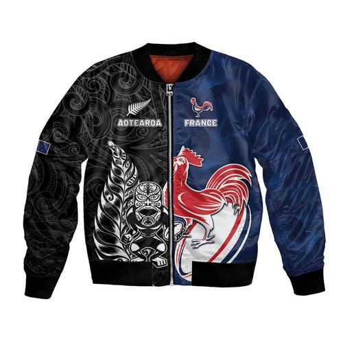 France And New Zealand Rugby Custom Bomber Jacket Les Bleus Rooster With Maori Tiki - Aussie Hoodie