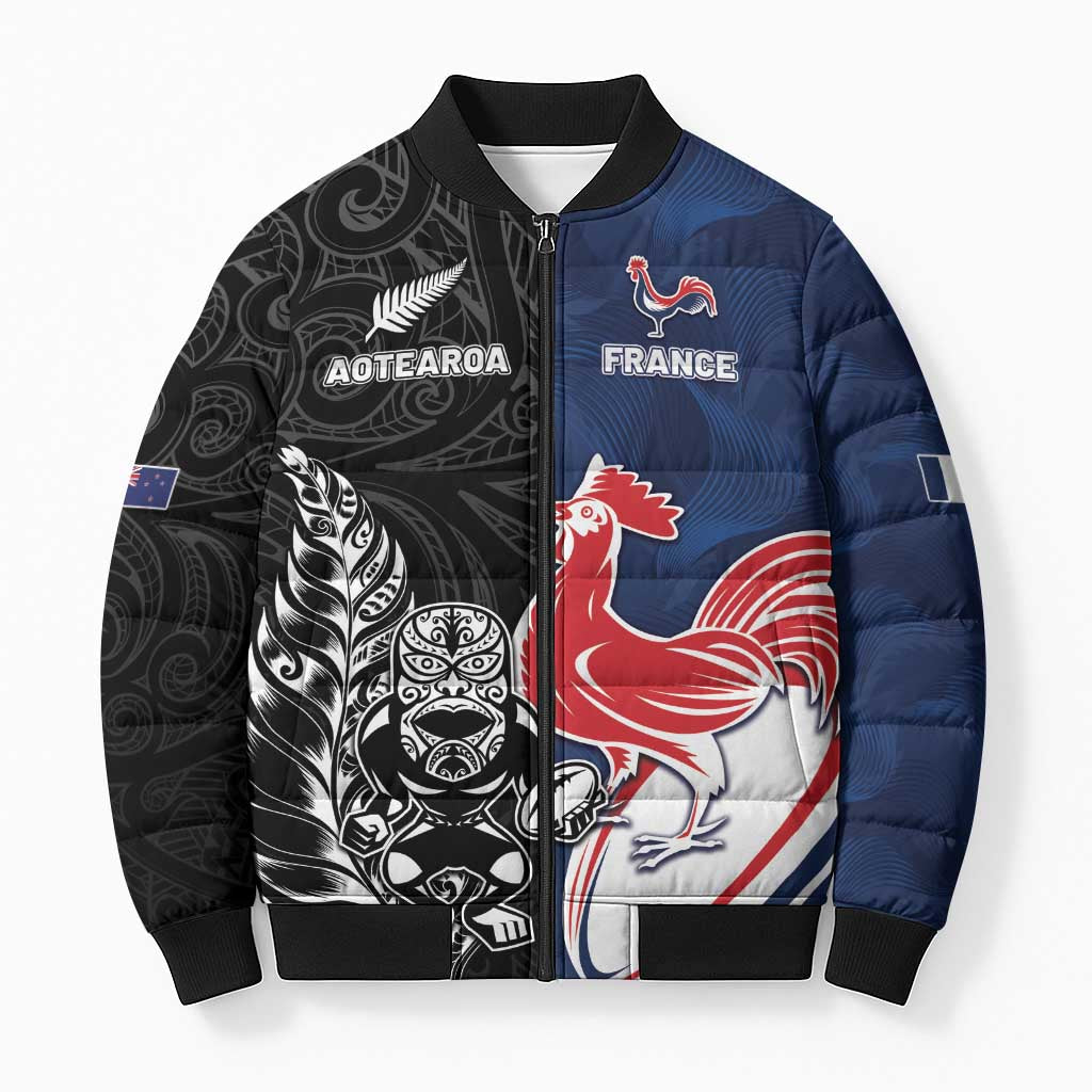 France And New Zealand Rugby Custom Bomber Puffer Jacket Les Bleus Rooster With Maori Tiki - Aussie Hoodie