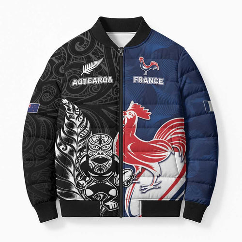 France And New Zealand Rugby Custom Bomber Puffer Jacket Les Bleus Rooster With Maori Tiki - Aussie Hoodie