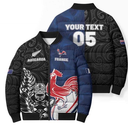 France And New Zealand Rugby Custom Bomber Puffer Jacket Les Bleus Rooster With Maori Tiki - Aussie Hoodie