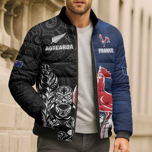 France And New Zealand Rugby Custom Bomber Puffer Jacket Les Bleus Rooster With Maori Tiki - Aussie Hoodie