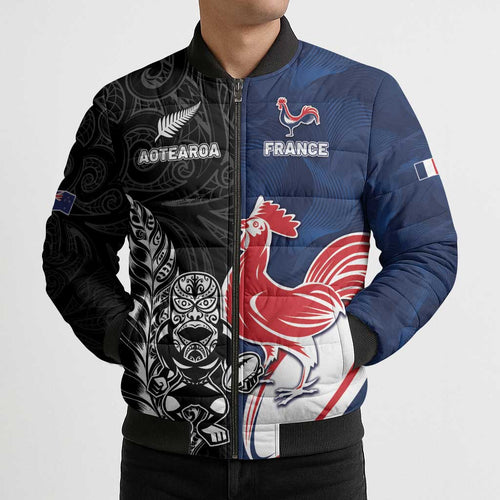 France And New Zealand Rugby Custom Bomber Puffer Jacket Les Bleus Rooster With Maori Tiki - Aussie Hoodie