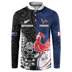 France And New Zealand Rugby Custom Button Sweatshirt Les Bleus Rooster With Maori Tiki - Aussie Hoodie
