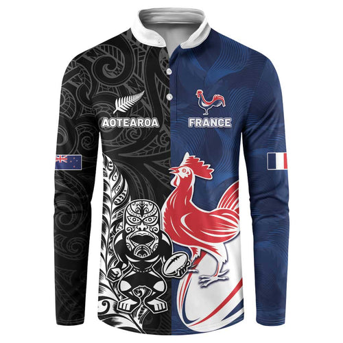 France And New Zealand Rugby Custom Button Sweatshirt Les Bleus Rooster With Maori Tiki - Aussie Hoodie