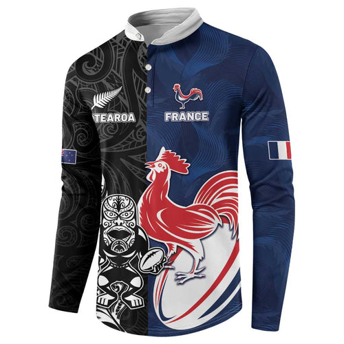 France And New Zealand Rugby Custom Button Sweatshirt Les Bleus Rooster With Maori Tiki - Aussie Hoodie