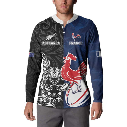 France And New Zealand Rugby Custom Button Sweatshirt Les Bleus Rooster With Maori Tiki - Aussie Hoodie
