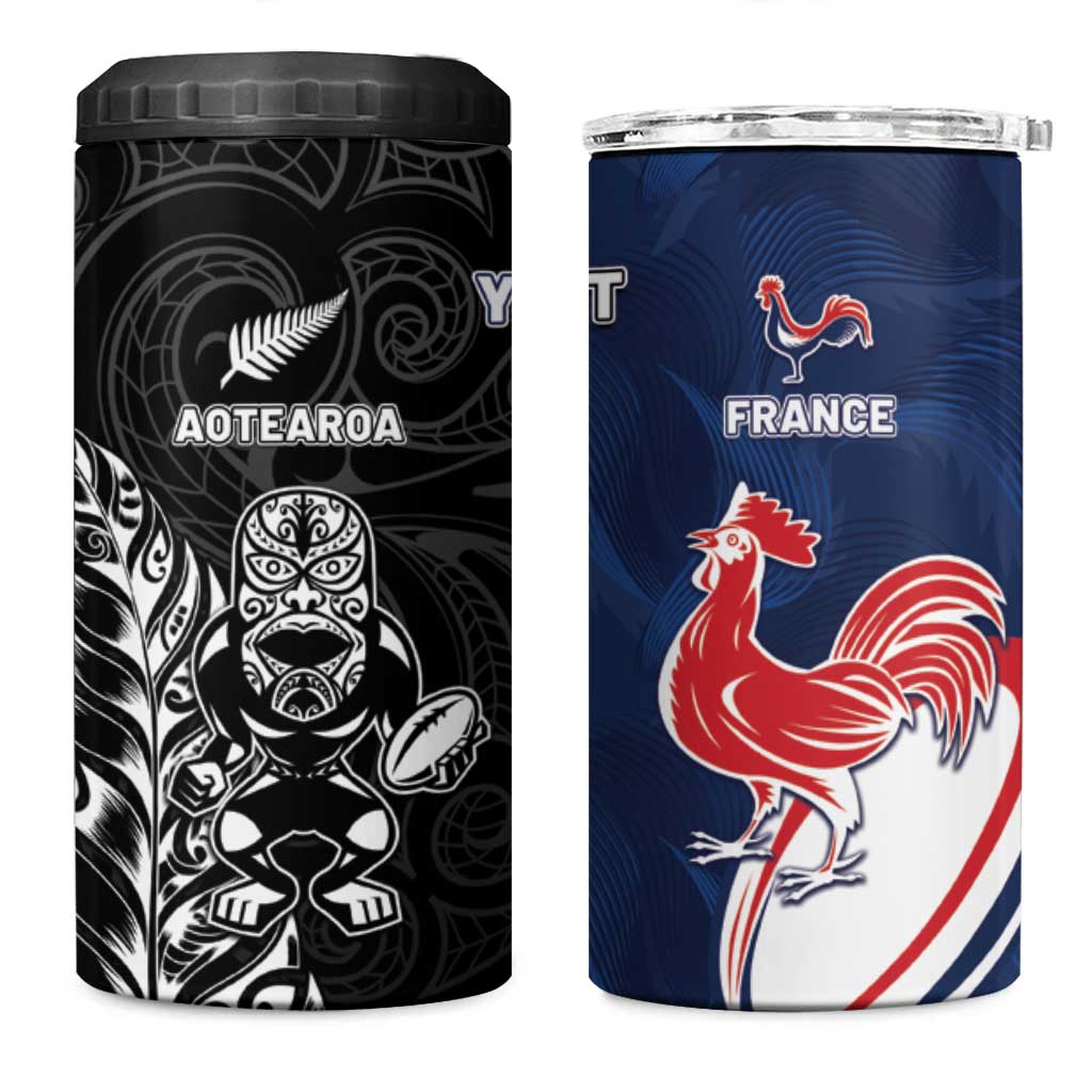 France And New Zealand Rugby Custom 4 in 1 Can Cooler Tumbler Les Bleus Rooster With Maori Tiki - Aussie Hoodie