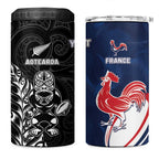 France And New Zealand Rugby Custom 4 in 1 Can Cooler Tumbler Les Bleus Rooster With Maori Tiki - Aussie Hoodie