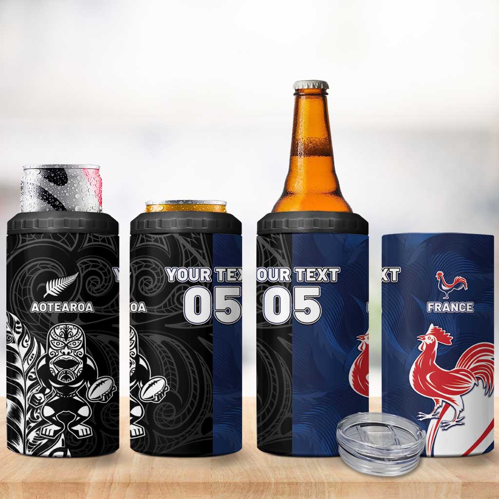 France And New Zealand Rugby Custom 4 in 1 Can Cooler Tumbler Les Bleus Rooster With Maori Tiki - Aussie Hoodie
