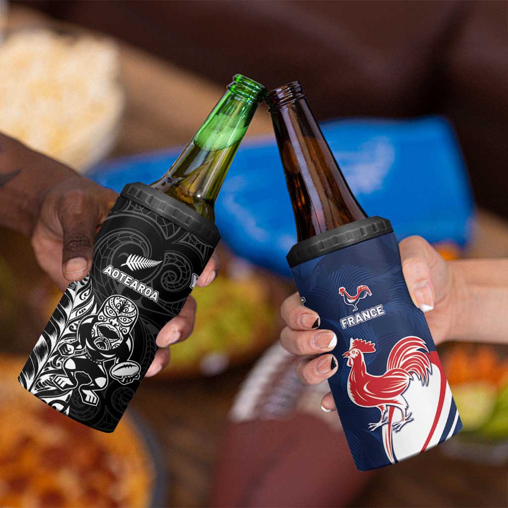 France And New Zealand Rugby Custom 4 in 1 Can Cooler Tumbler Les Bleus Rooster With Maori Tiki - Aussie Hoodie